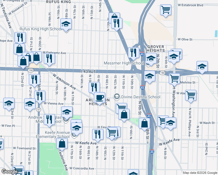 map of restaurants, bars, coffee shops, grocery stores, and more near 3838 North 13th Street in Milwaukee