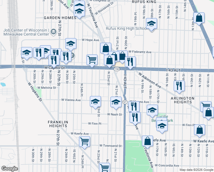map of restaurants, bars, coffee shops, grocery stores, and more near 3868 North 23rd Street in Milwaukee