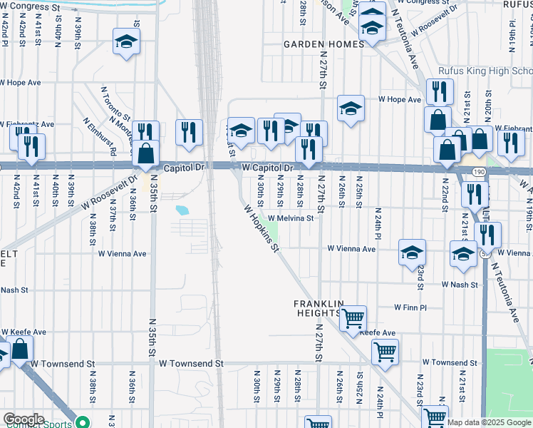 map of restaurants, bars, coffee shops, grocery stores, and more near 3010-3024 West Hopkins Street in Milwaukee
