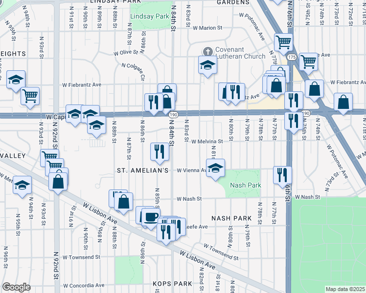 map of restaurants, bars, coffee shops, grocery stores, and more near 3862 North 84th Street in Milwaukee