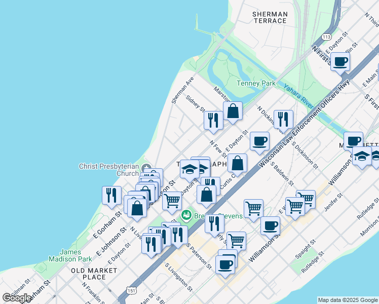 map of restaurants, bars, coffee shops, grocery stores, and more near 315 North Ingersoll Street in Madison