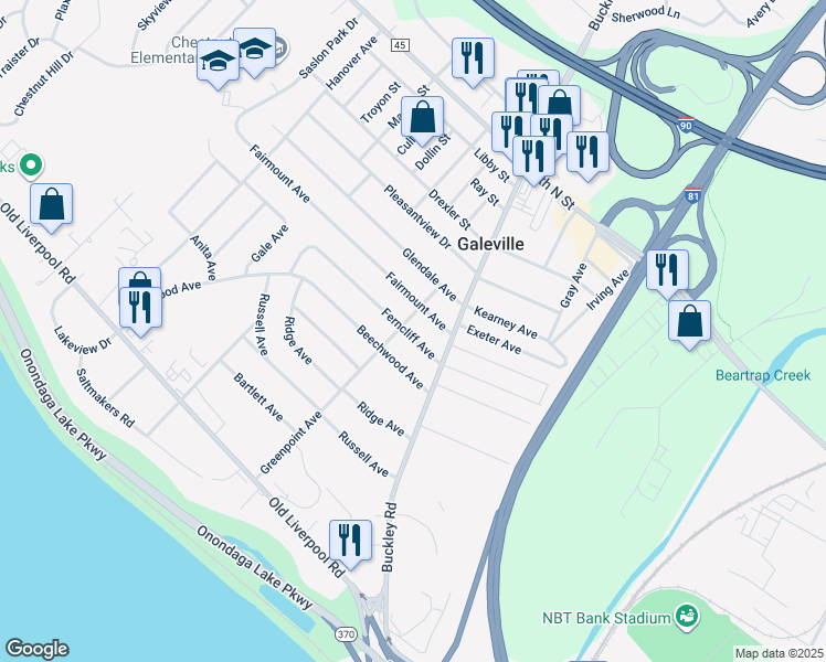 map of restaurants, bars, coffee shops, grocery stores, and more near 118 Ferncliff Avenue in Liverpool