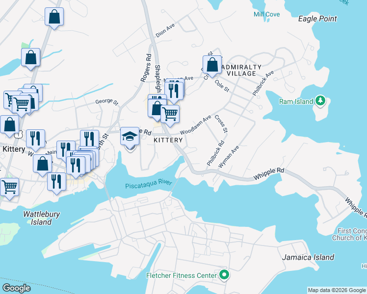 map of restaurants, bars, coffee shops, grocery stores, and more near in Kittery