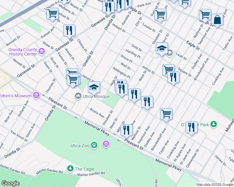 map of restaurants, bars, coffee shops, grocery stores, and more near 1576 Steuben Street in Utica