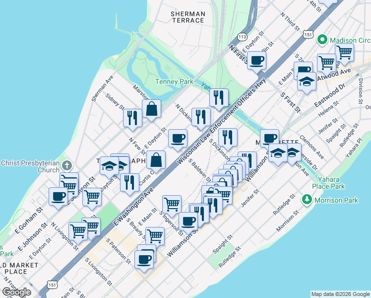 map of restaurants, bars, coffee shops, grocery stores, and more near 1301 East Washington Avenue in Madison