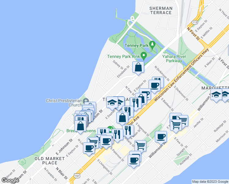 map of restaurants, bars, coffee shops, grocery stores, and more near 315 North Ingersoll Street in Madison