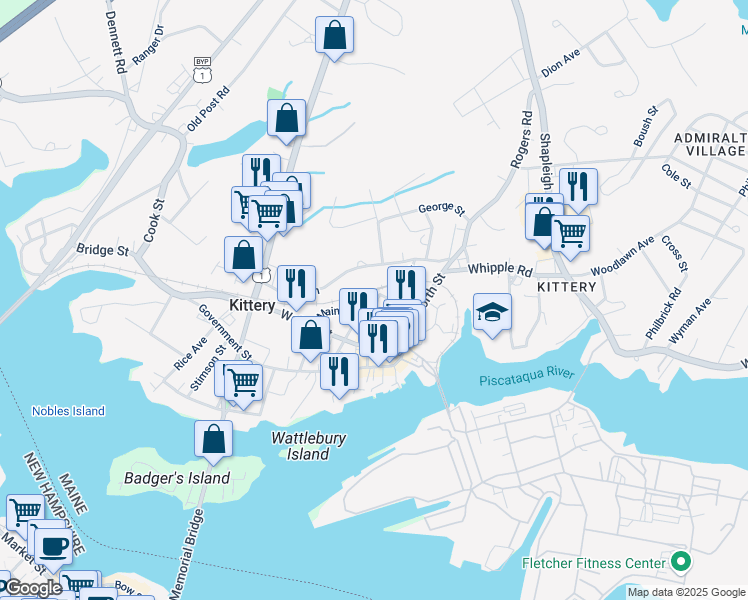 map of restaurants, bars, coffee shops, grocery stores, and more near 23 Jones Avenue in Kittery