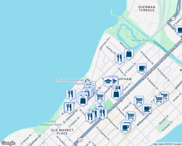 map of restaurants, bars, coffee shops, grocery stores, and more near 1016 Sherman Avenue in Madison