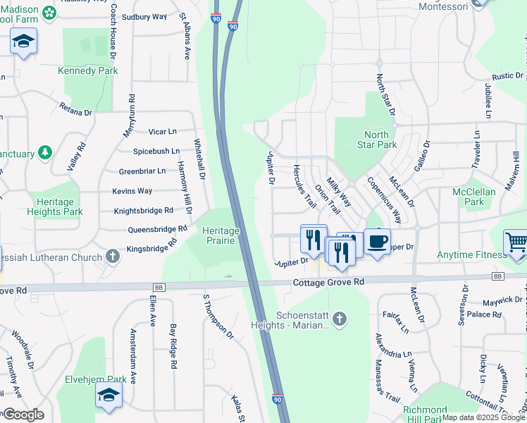 map of restaurants, bars, coffee shops, grocery stores, and more near 718 Jupiter Drive in Madison