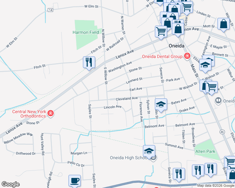 map of restaurants, bars, coffee shops, grocery stores, and more near 429 Earl Avenue in Oneida