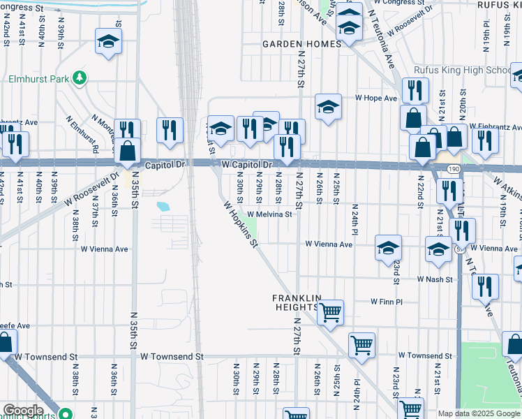 map of restaurants, bars, coffee shops, grocery stores, and more near 2832 West Melvina Street in Milwaukee
