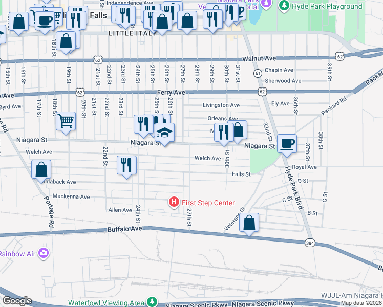 map of restaurants, bars, coffee shops, grocery stores, and more near 2642 27th Street in Niagara Falls