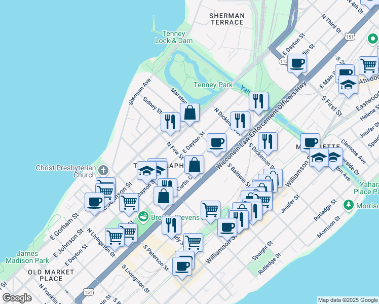 map of restaurants, bars, coffee shops, grocery stores, and more near 1222 East Mifflin Street in Madison