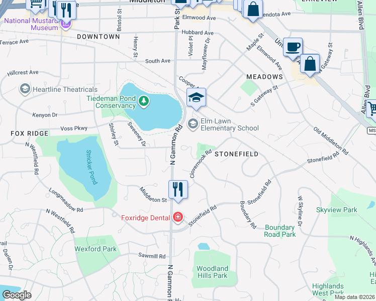 map of restaurants, bars, coffee shops, grocery stores, and more near 1021 Rooster Run in Middleton