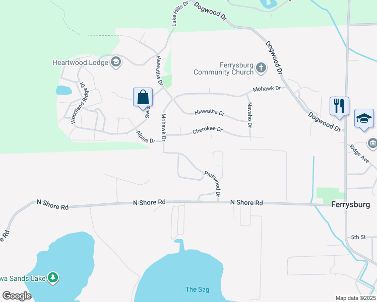 map of restaurants, bars, coffee shops, grocery stores, and more near 17588 Parkwood Drive in Spring Lake