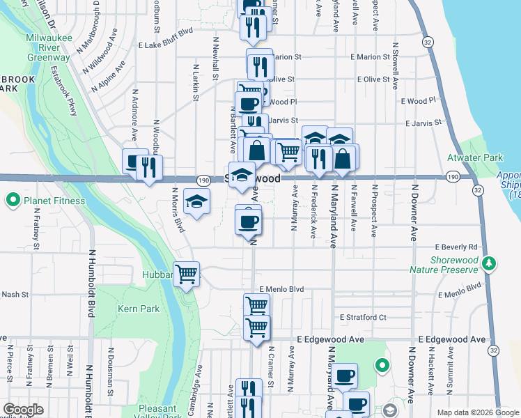 map of restaurants, bars, coffee shops, grocery stores, and more near 1818 East Shorewood Boulevard in Shorewood