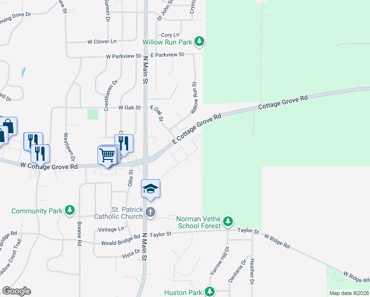map of restaurants, bars, coffee shops, grocery stores, and more near 198 East Cottage Grove Road in Cottage Grove