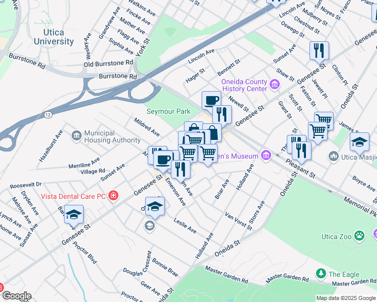 map of restaurants, bars, coffee shops, grocery stores, and more near 1902 Genesee Street in Utica