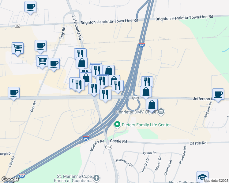 map of restaurants, bars, coffee shops, grocery stores, and more near 1050 Jefferson Rd in Rochester