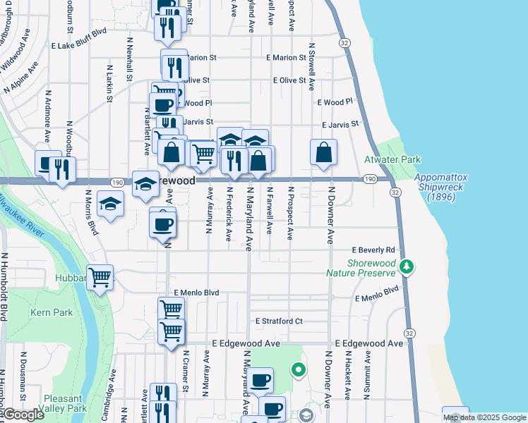 map of restaurants, bars, coffee shops, grocery stores, and more near 2208 East Shorewood Boulevard in Shorewood
