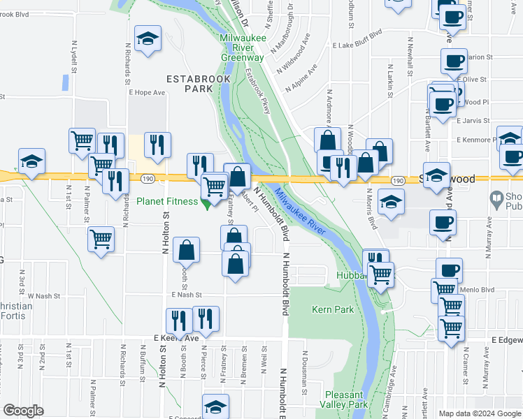 map of restaurants, bars, coffee shops, grocery stores, and more near 3859 North Humboldt Boulevard in Milwaukee