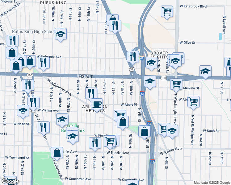 map of restaurants, bars, coffee shops, grocery stores, and more near 3836 North 12th Street in Milwaukee