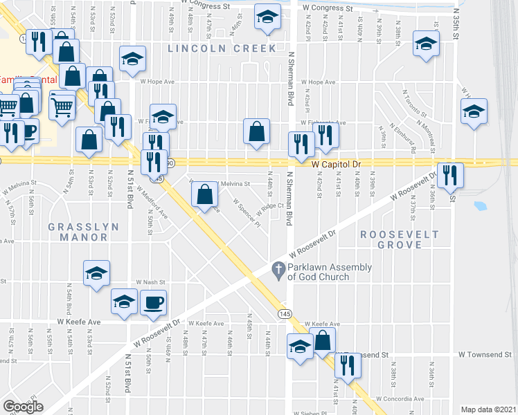 map of restaurants, bars, coffee shops, grocery stores, and more near 3873 North 44th Street in Milwaukee