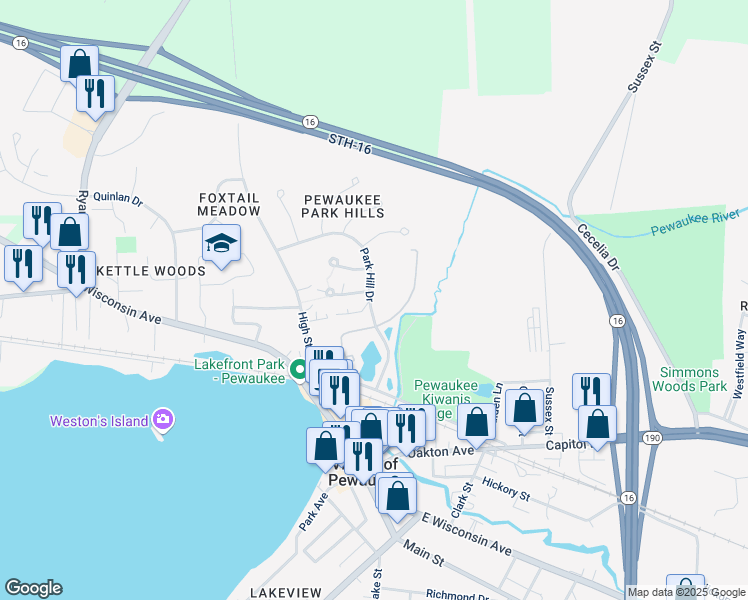 map of restaurants, bars, coffee shops, grocery stores, and more near 365 Park Hill Drive in Pewaukee