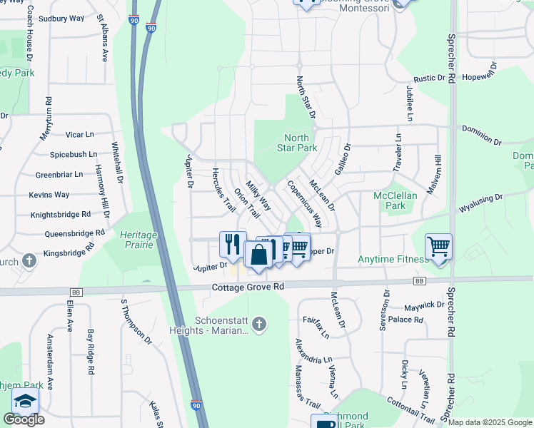 map of restaurants, bars, coffee shops, grocery stores, and more near 716 Orion Trail in Madison