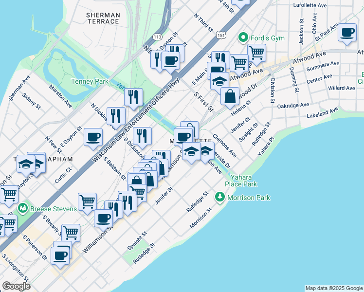 map of restaurants, bars, coffee shops, grocery stores, and more near 1456 Williamson Street in Madison