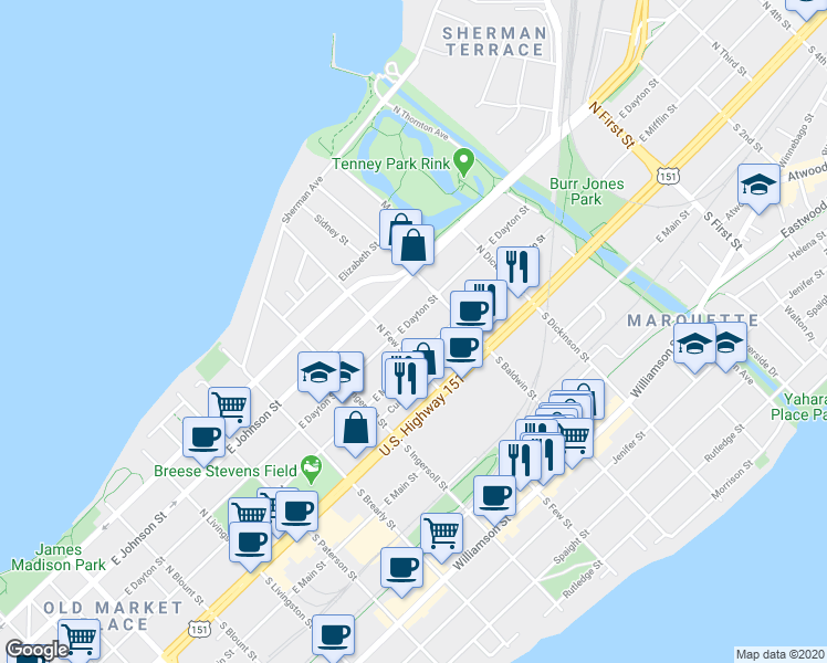 map of restaurants, bars, coffee shops, grocery stores, and more near 1222 East Mifflin Street in Madison