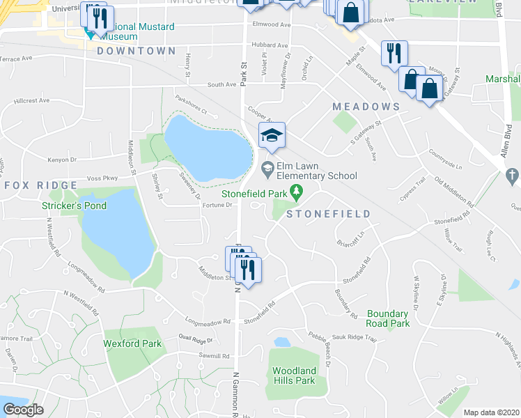 map of restaurants, bars, coffee shops, grocery stores, and more near 1021 Rooster Run in Middleton
