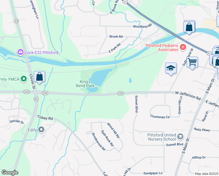 map of restaurants, bars, coffee shops, grocery stores, and more near 160 West Jefferson Road in Pittsford