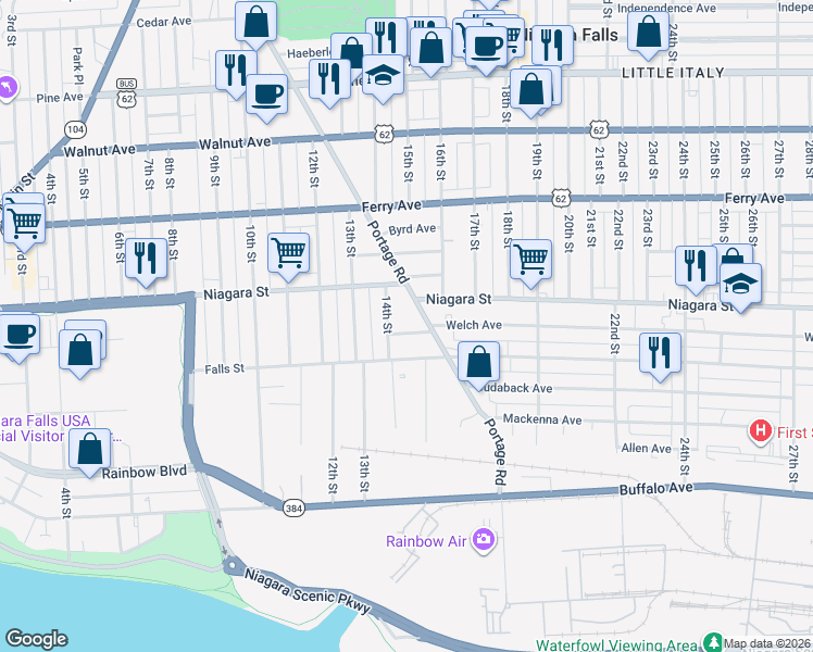 map of restaurants, bars, coffee shops, grocery stores, and more near 1421 Robinson Court in Niagara Falls