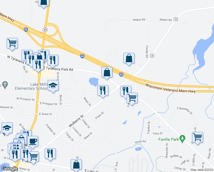 map of restaurants, bars, coffee shops, grocery stores, and more near 325 Prairie Avenue in Lake Mills