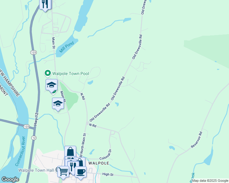 map of restaurants, bars, coffee shops, grocery stores, and more near 67 Old Drewsville Road in Walpole