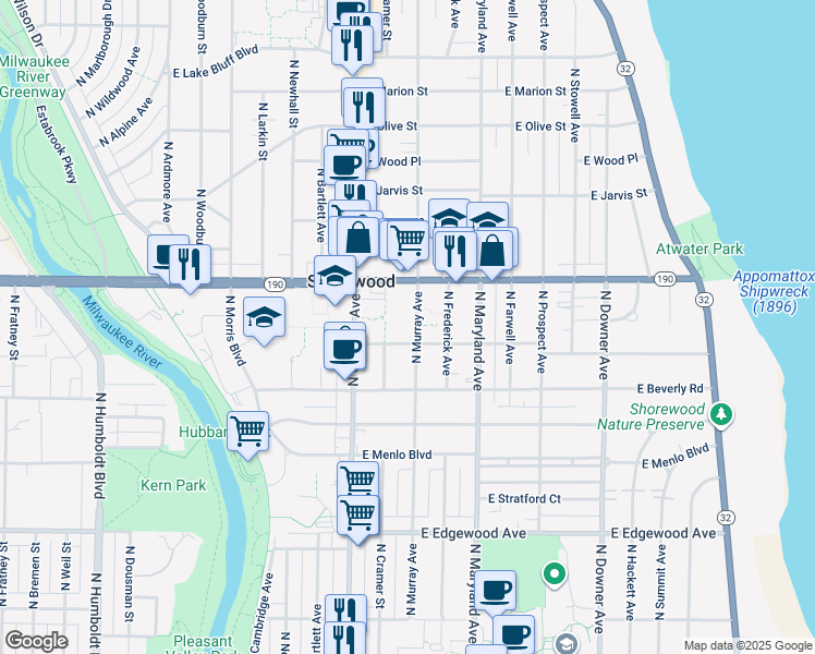 map of restaurants, bars, coffee shops, grocery stores, and more near 3909 North Murray Avenue in Shorewood