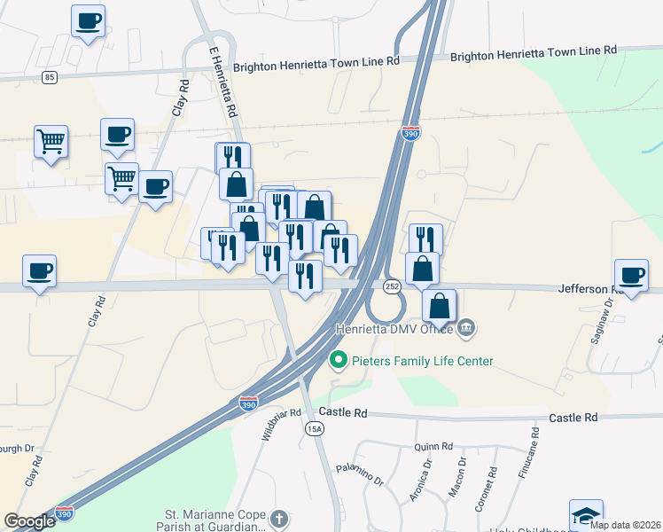map of restaurants, bars, coffee shops, grocery stores, and more near 1150 Jefferson Road in Rochester