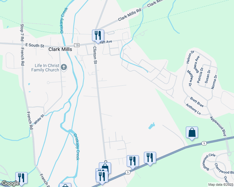 map of restaurants, bars, coffee shops, grocery stores, and more near in Clark Mills