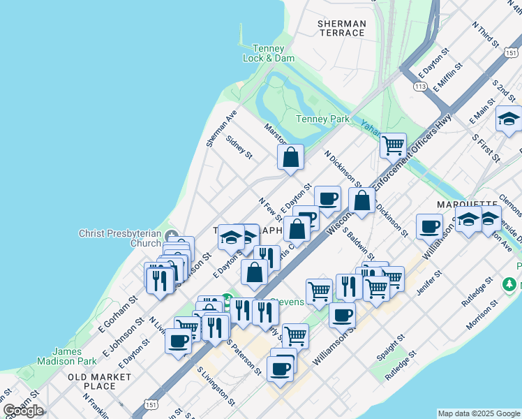 map of restaurants, bars, coffee shops, grocery stores, and more near 1145 East Johnson Street in Madison