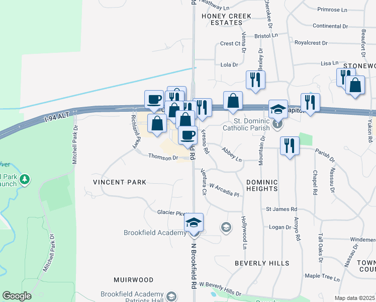map of restaurants, bars, coffee shops, grocery stores, and more near 3815 North Brookfield Road in Brookfield