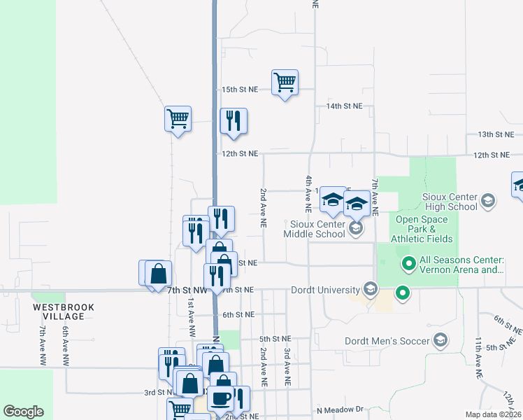 map of restaurants, bars, coffee shops, grocery stores, and more near 1071 2nd Avenue Northeast in Sioux Center