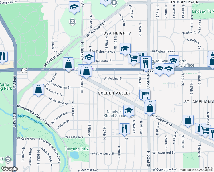 map of restaurants, bars, coffee shops, grocery stores, and more near 9750 West Lisbon Avenue in Milwaukee