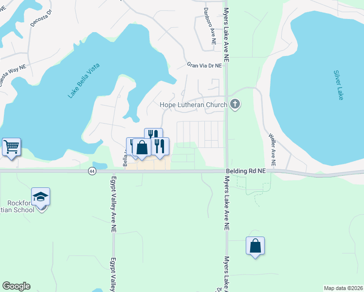 map of restaurants, bars, coffee shops, grocery stores, and more near 6581 Belding Road Northeast in Rockford
