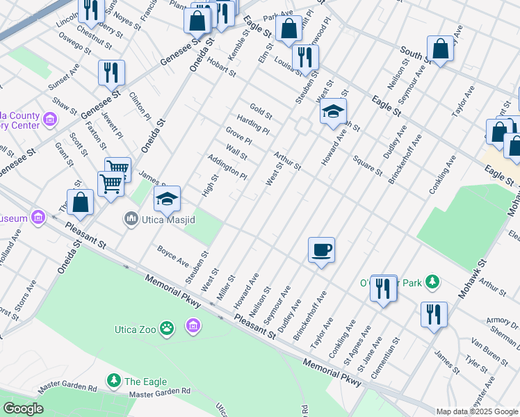 map of restaurants, bars, coffee shops, grocery stores, and more near 1563 West St in Utica