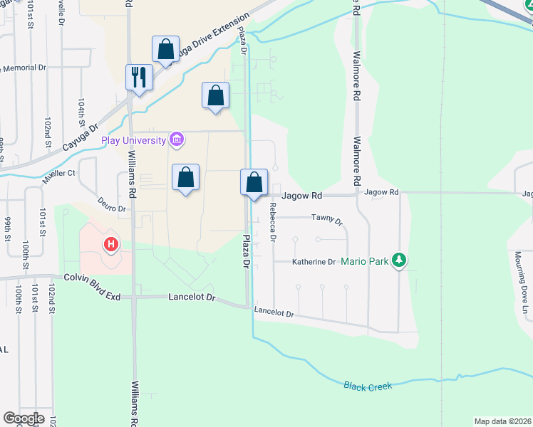 map of restaurants, bars, coffee shops, grocery stores, and more near 6933 Plaza Drive in Niagara Falls