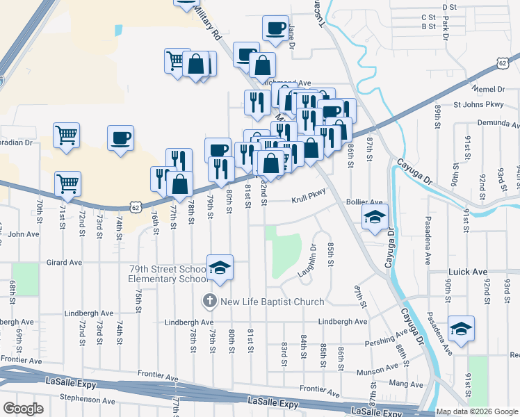 map of restaurants, bars, coffee shops, grocery stores, and more near 712 82nd Street in Niagara Falls