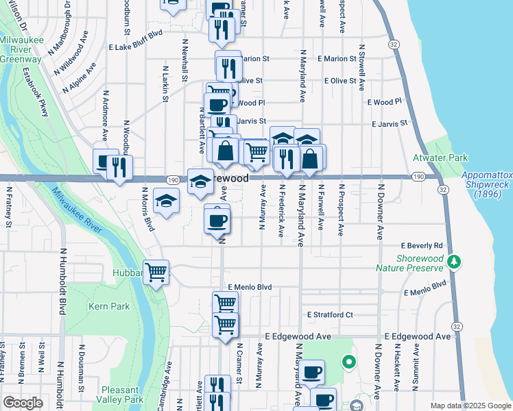 map of restaurants, bars, coffee shops, grocery stores, and more near 2010 East Shorewood Boulevard in Shorewood