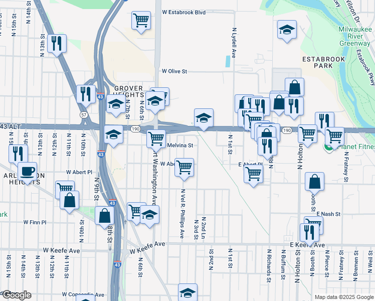 map of restaurants, bars, coffee shops, grocery stores, and more near 3875A Vel R. Phillips Avenue in Milwaukee