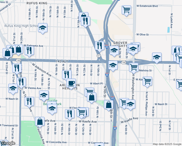 map of restaurants, bars, coffee shops, grocery stores, and more near 3839 North 10th Street in Milwaukee